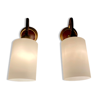 Pair of teak and opaline wall lamps Scandinavian design 1950.
