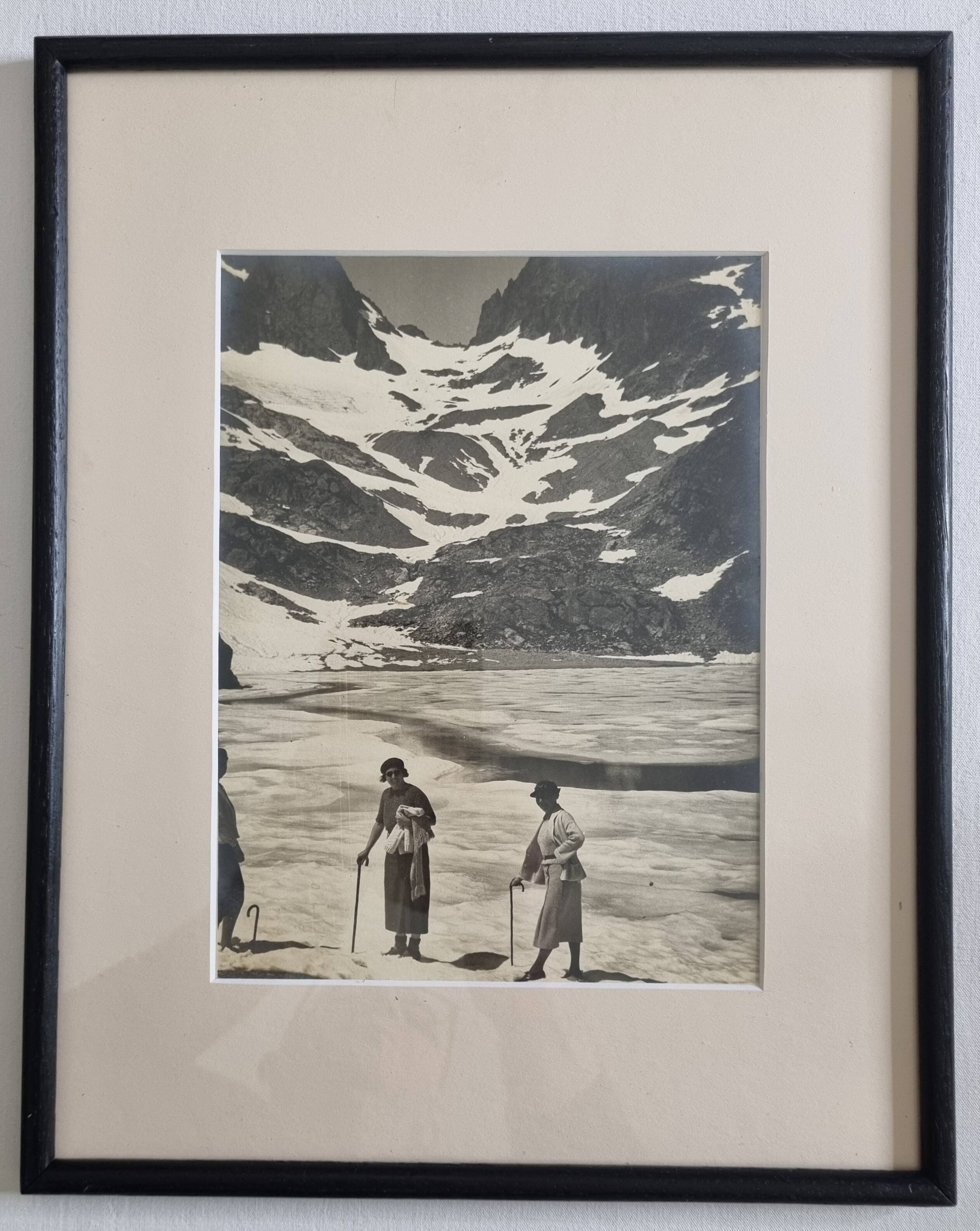 Framed photograph of walkers on the glacier, print by André Banon, 1930.