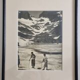 Framed photograph of walkers on the glacier, print by André Banon, 1930.