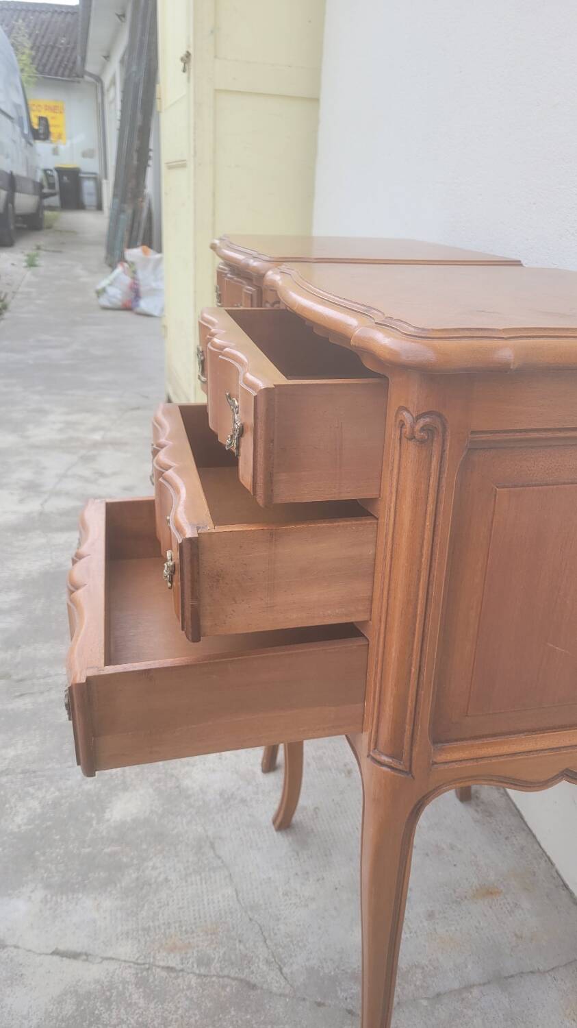 Pair of Louis xv style bedside tables in cherry wood, 3 drawers