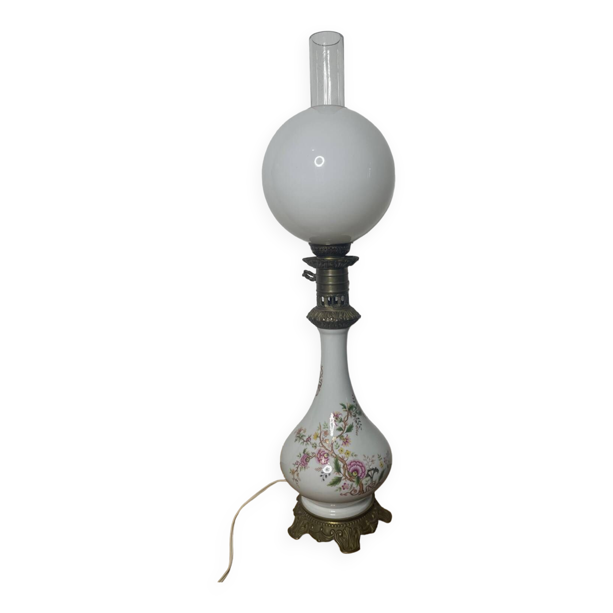 Old Napoleon 3 globe electrified oil lamp in opaline