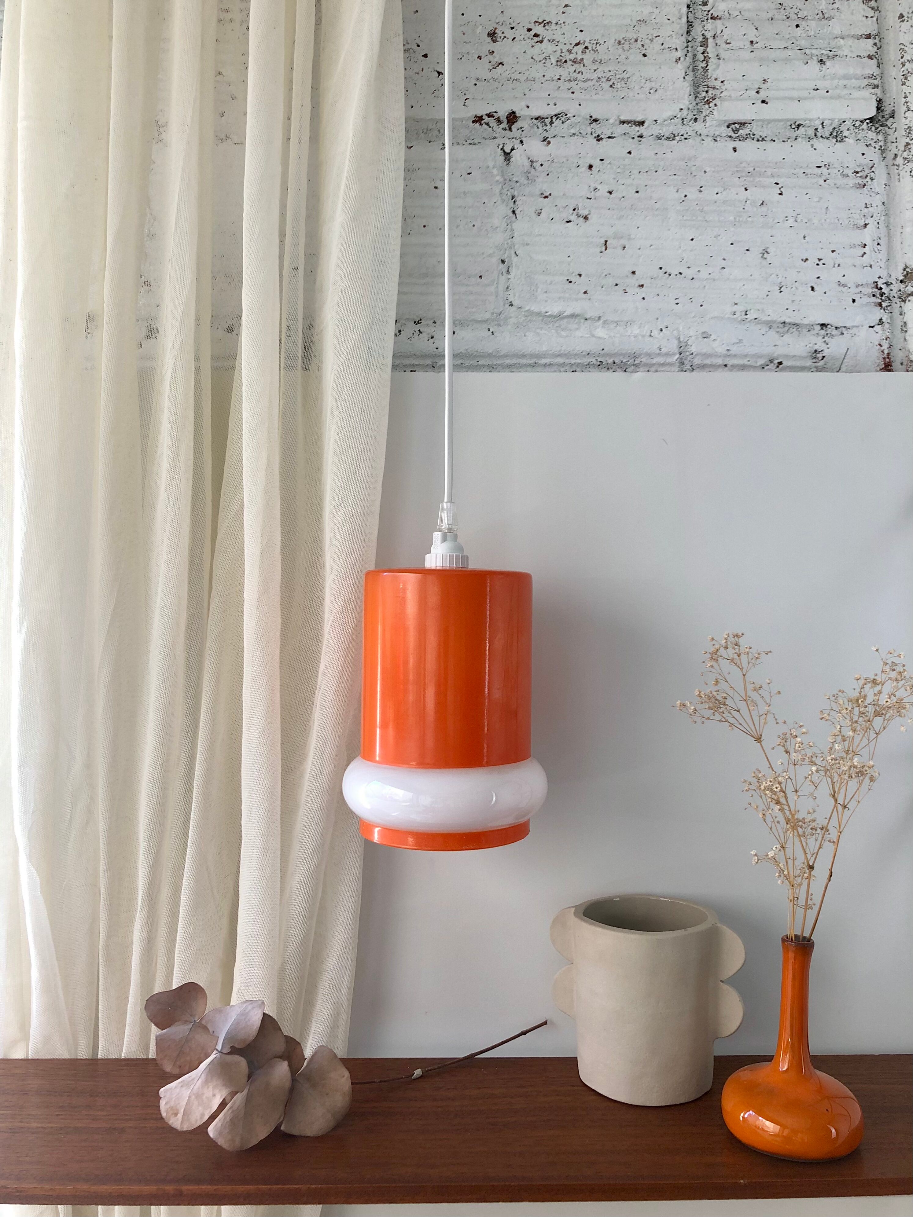 Orange & white opaline glass pendant lamp