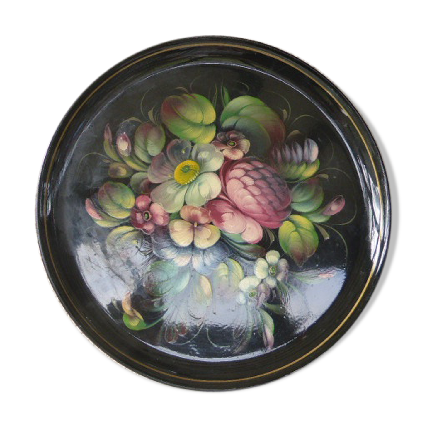 Plateau en metal, bouquets de fleurs peints a la main, origine Russie, vintage 1970