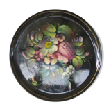 Plateau en metal, bouquets de fleurs peints a la main, origine Russie, vintage 1970