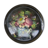 Plateau en metal, bouquets de fleurs peints a la main, origine Russie, vintage 1970