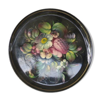 Plateau en metal, bouquets de fleurs peints a la main, origine Russie, vintage 1970