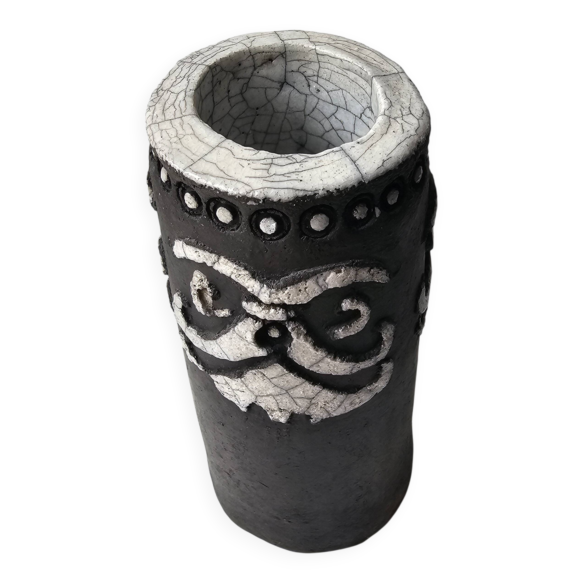 Raku ceramic roll vase signed Potty