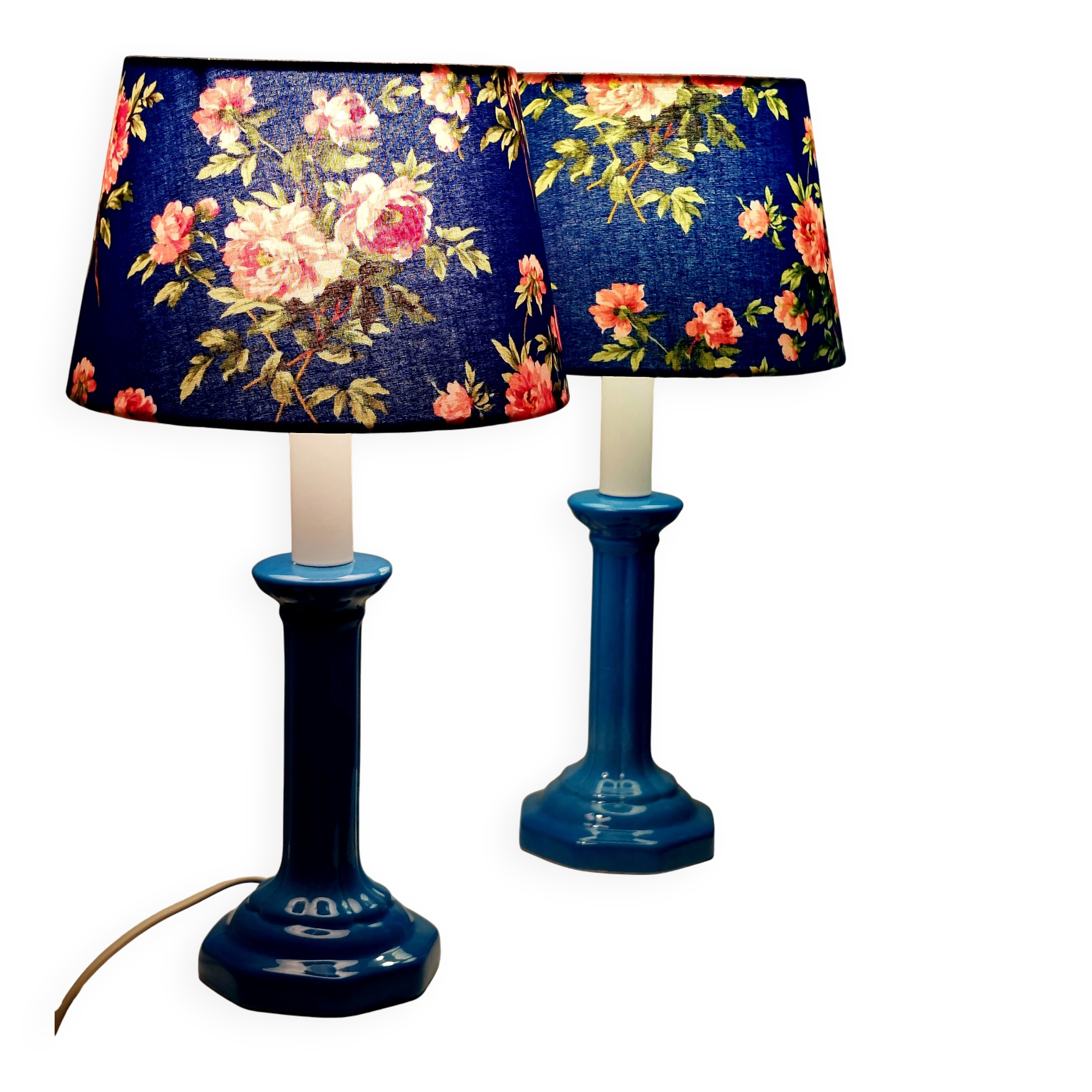 Pair of vintage blue ceramic lamps with Sanderson floral shades.