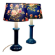 Pair of vintage blue ceramic lamps with Sanderson floral shades.