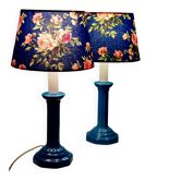 Pair of vintage blue ceramic lamps with Sanderson floral shades.