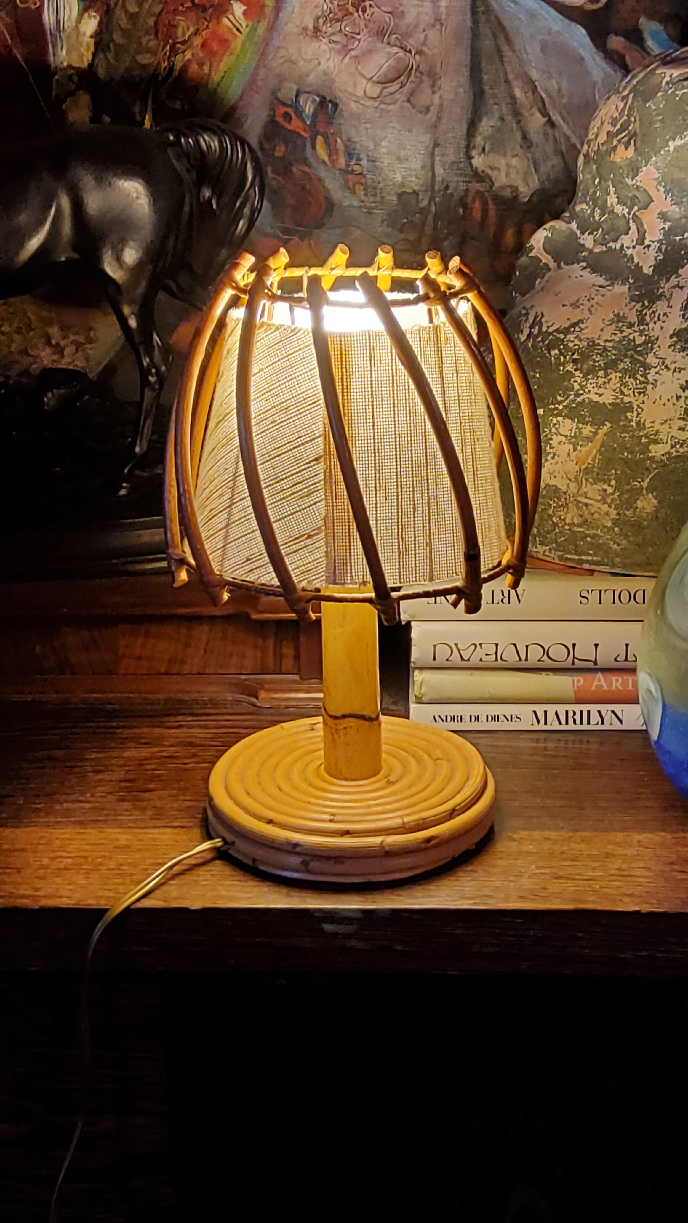 Rattan and bamboo table lamp from the 70s