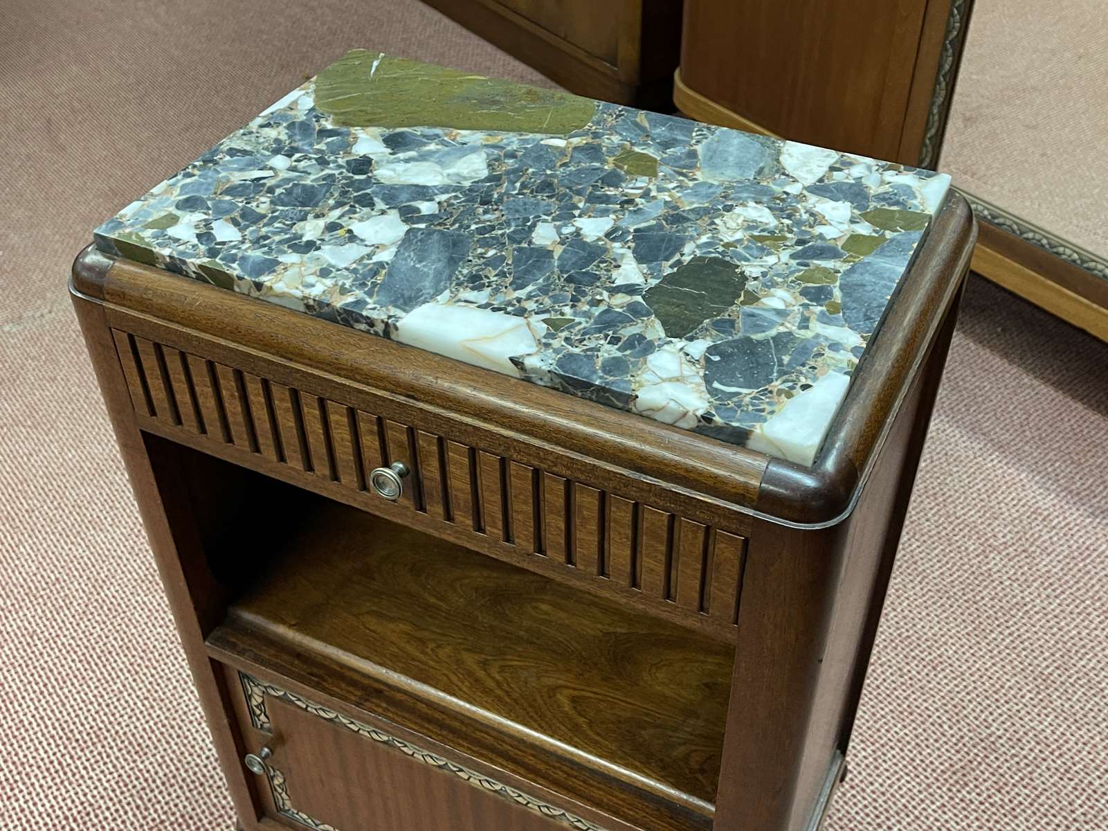 Art deco bedside table in mahogany and marble top