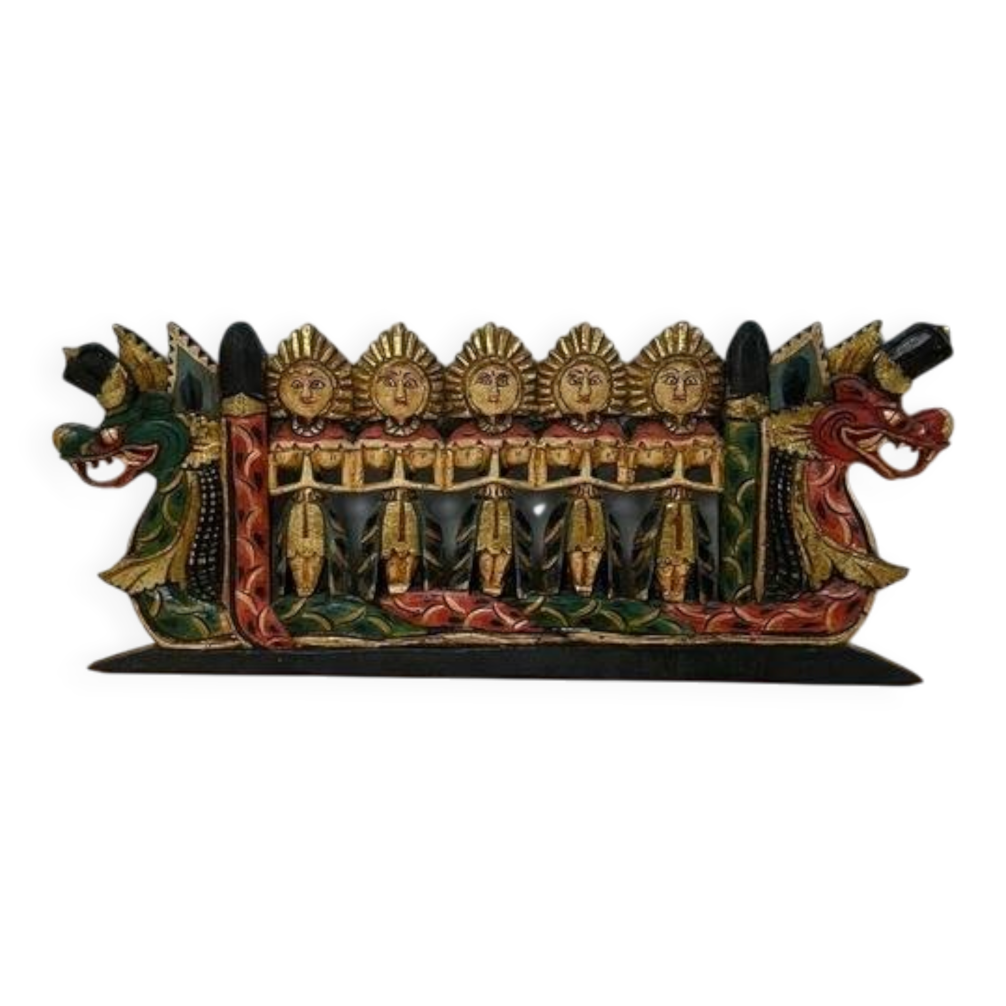 Balinese wall panel carved wood gilded polychrome dragon procession