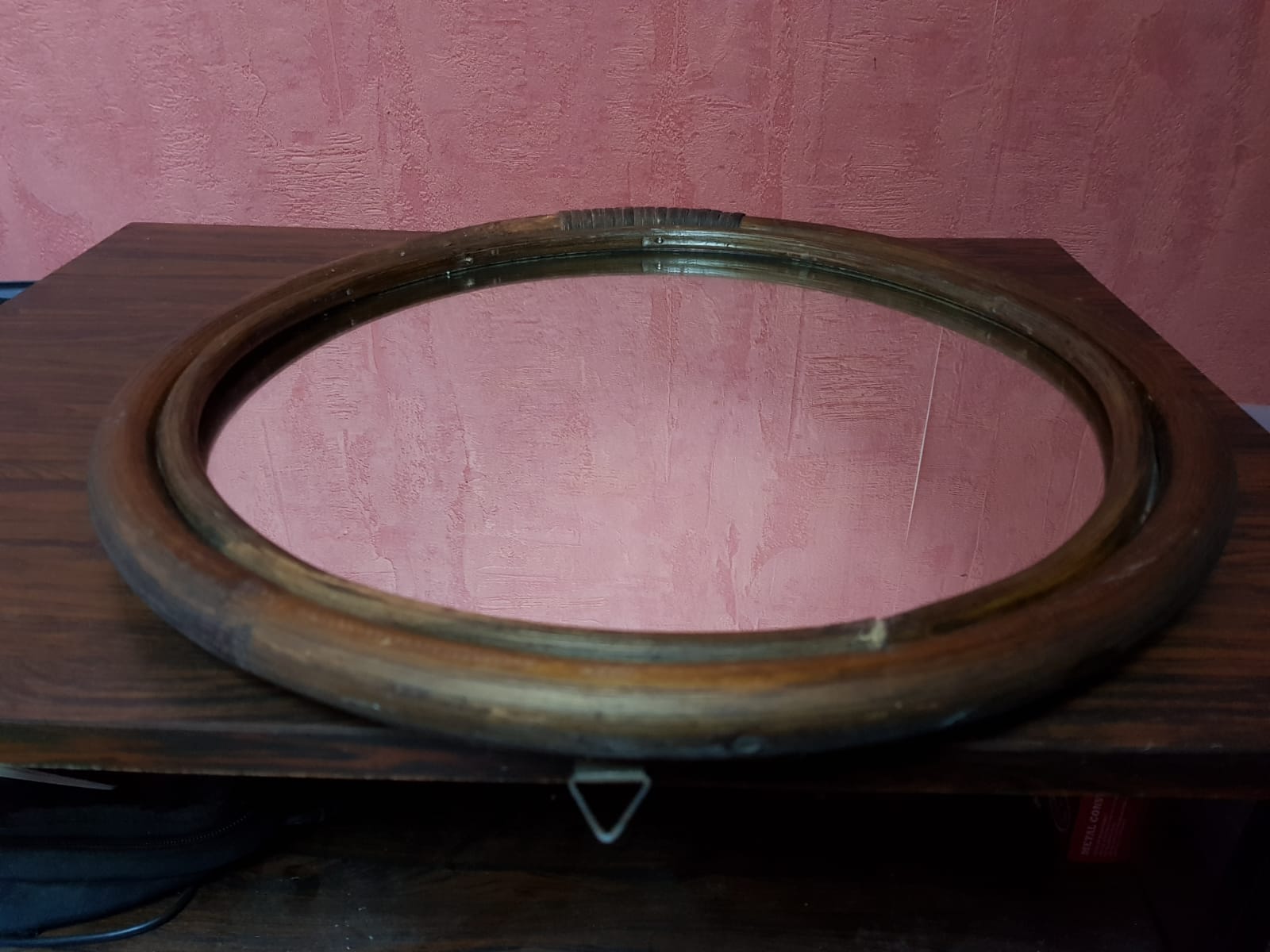 Old Round Mirror In Vintage 70s Rotin 41cm