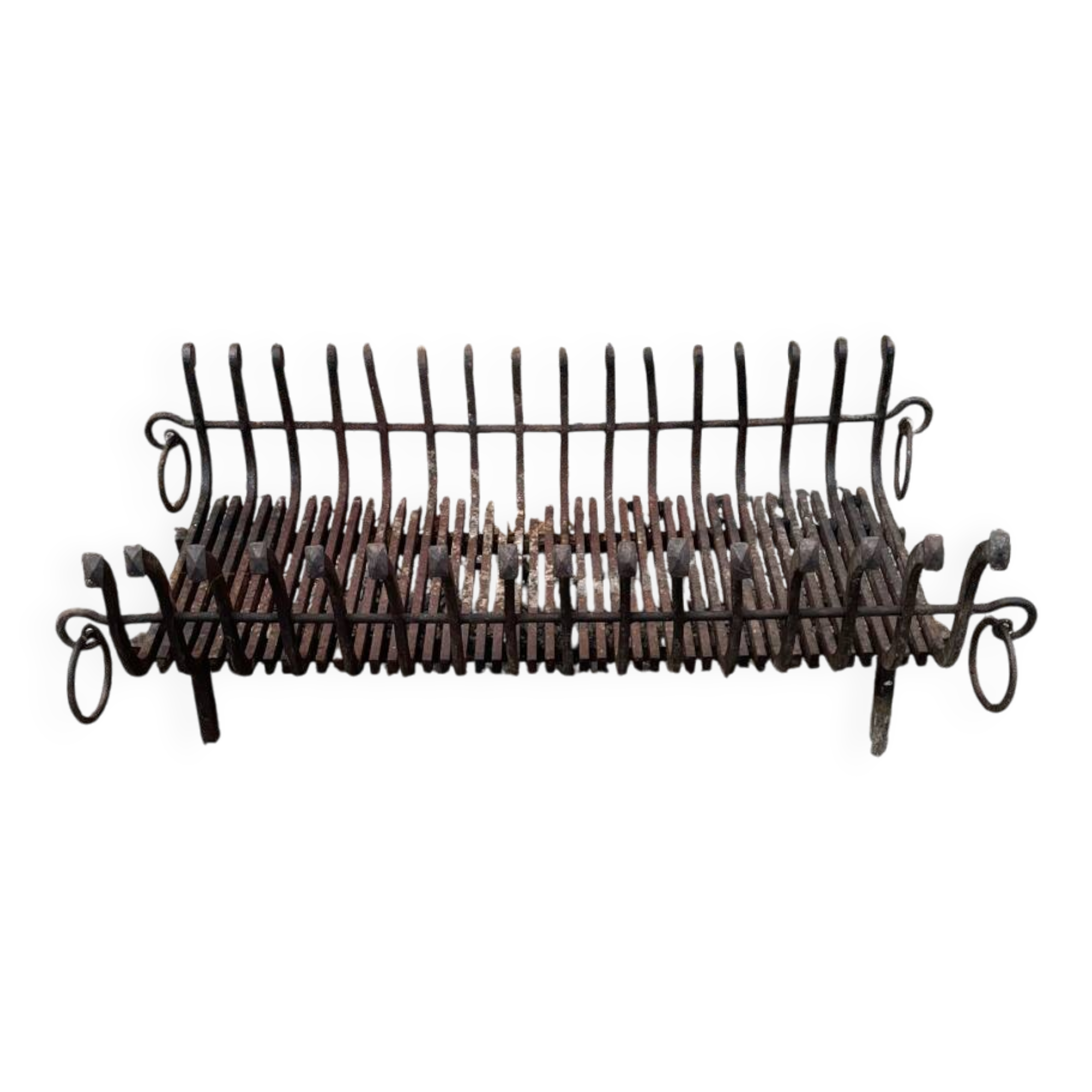 Vintage cast iron fireplace cradle with 16 bars.