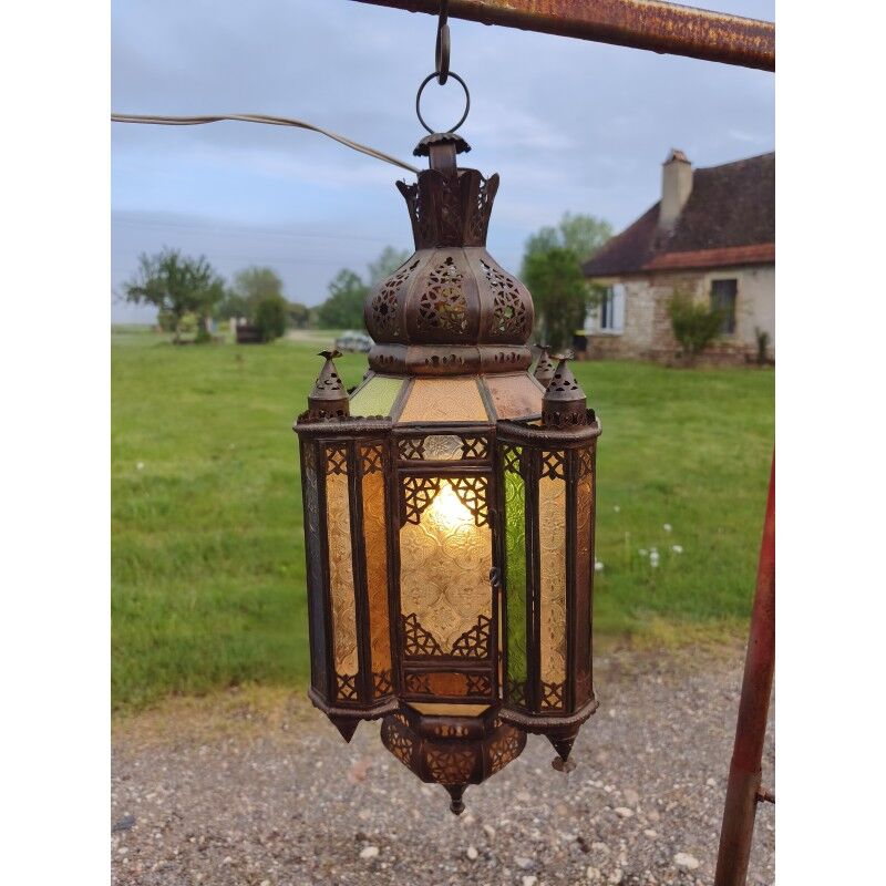 North African lantern suspension in brass and coloured glass.