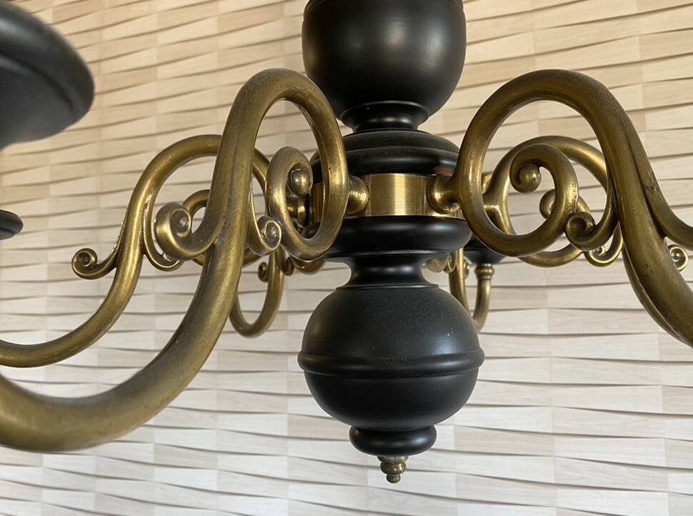 Wood and brass pendant light, black and gold, vintage, 60s.