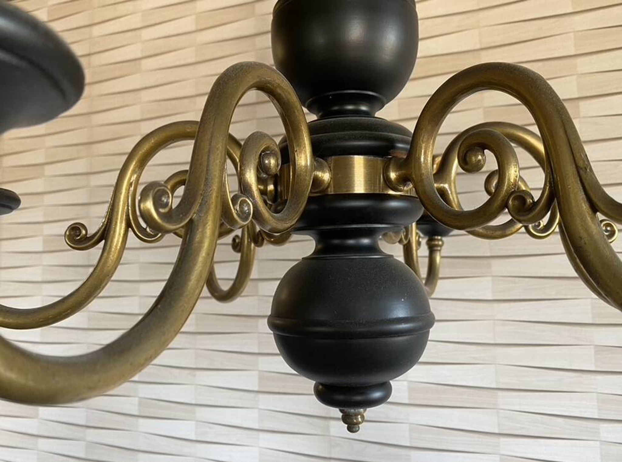 Wood and brass pendant light, black and gold, vintage, 60s.