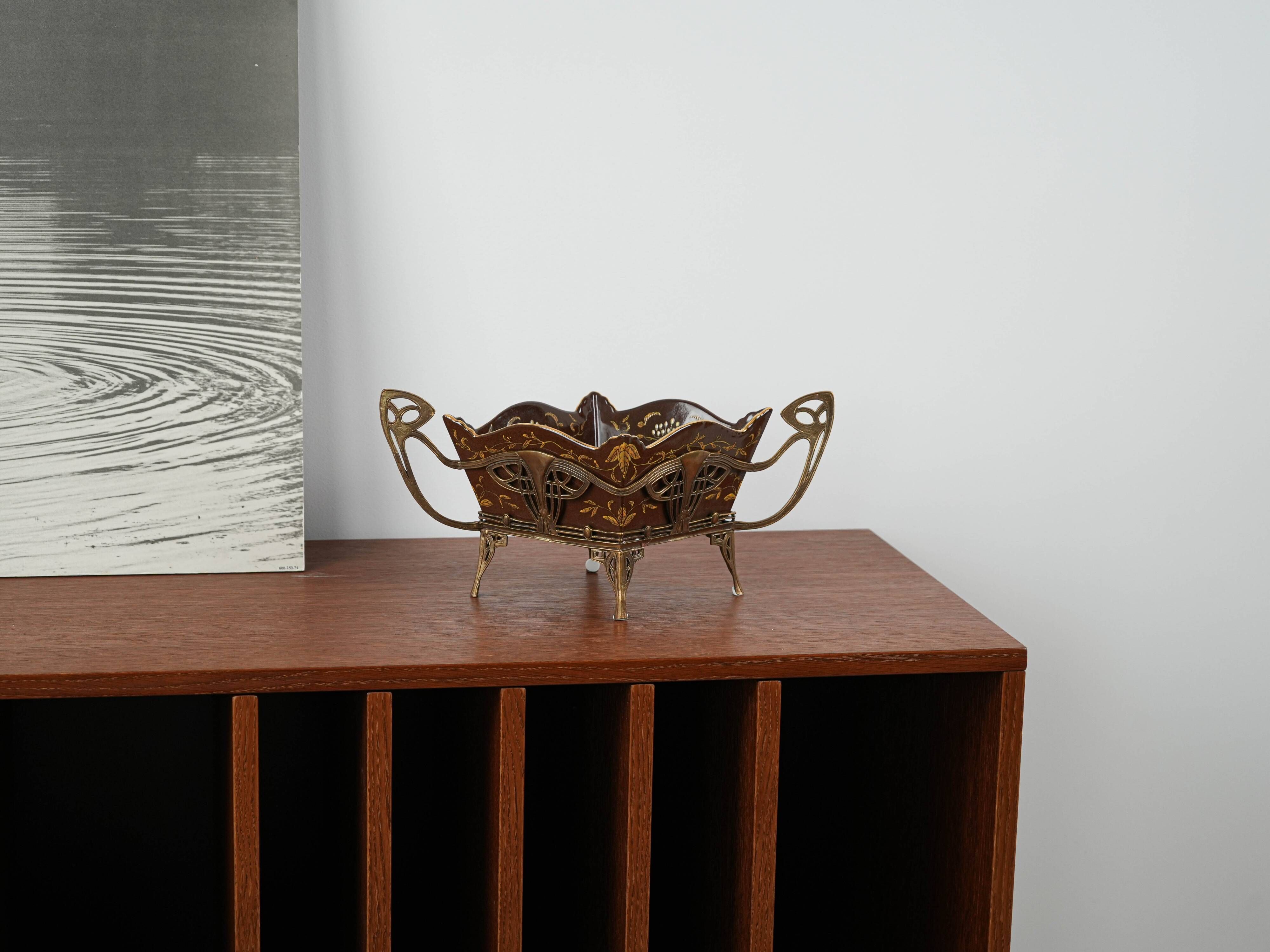 Art Nouveau platter with ceramic insert in openwork metal basket, burgundy glaze with gilt accents