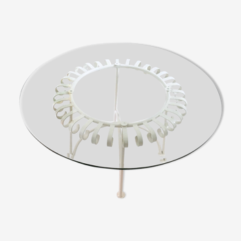 Table basse vintage en métal verni blanc avec plateau rond en verre, italie