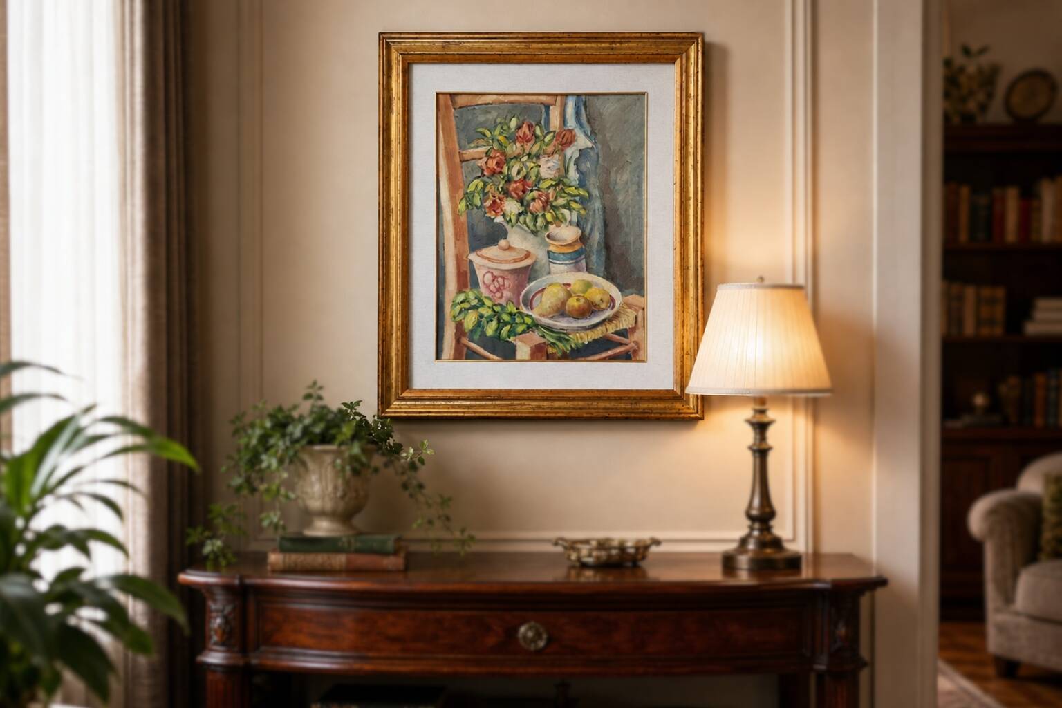 Nature Morte Élégante sur Chaise – Peinture à l'Huile avec Cadre Doré 59x69