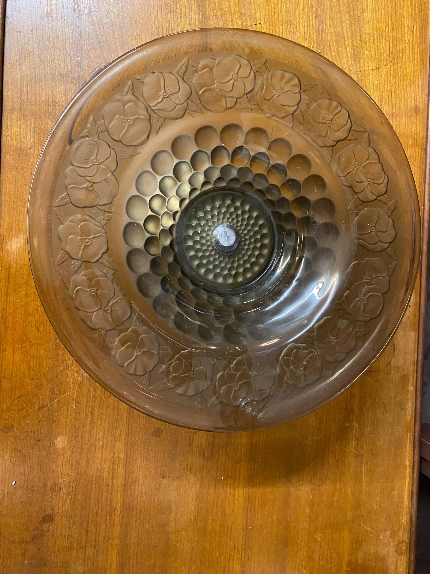 ART DECO FRUIT BOWL SMOKED GLASS PETUNIAS DECOR CHROME FOOT ROUND SHAPE