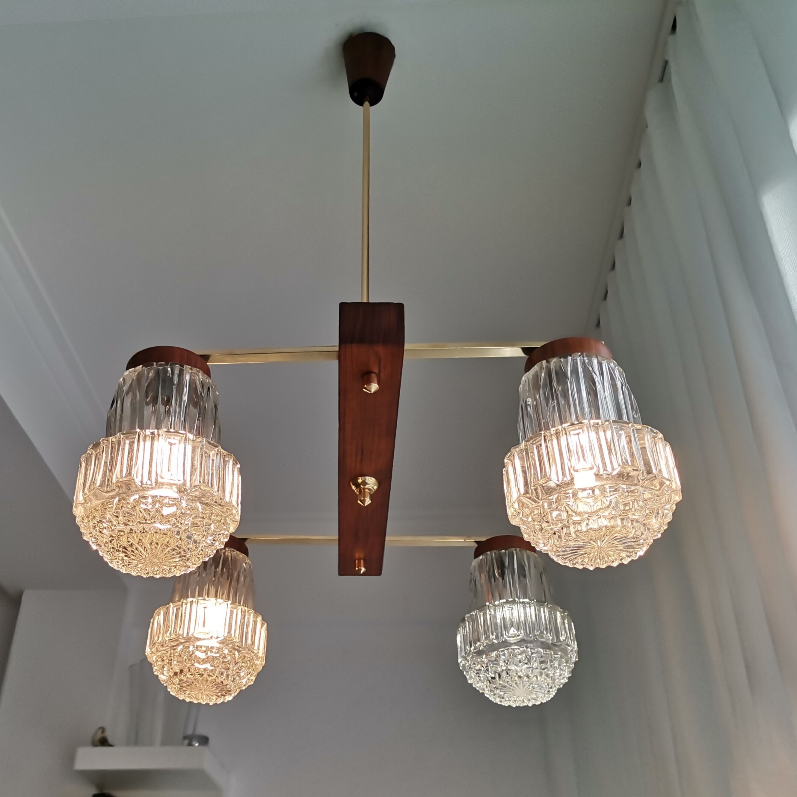 Vintage 60s rustic 4-light  wooden chandelier