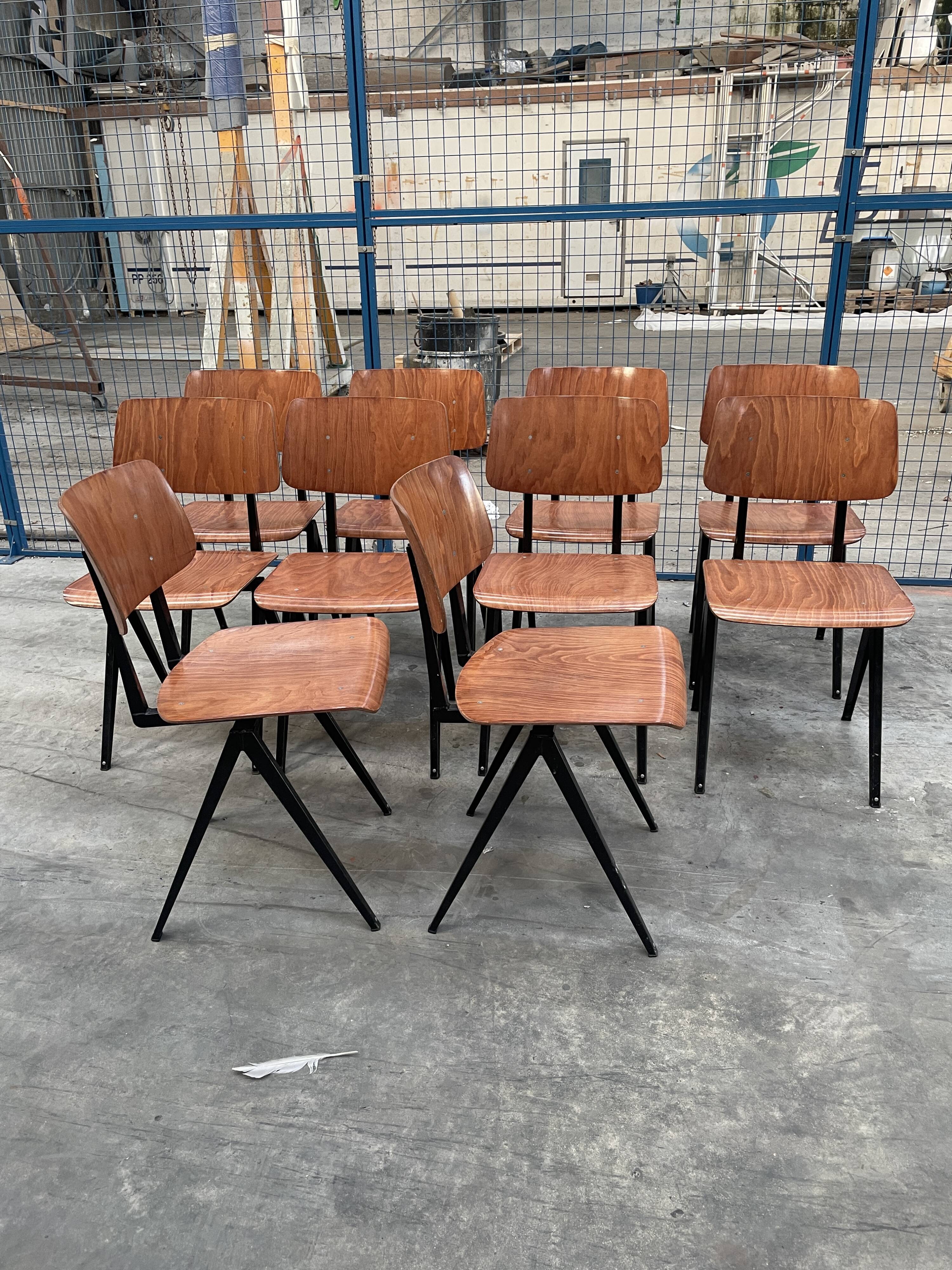 Set of 10 wooden Galvanitas chairs and compass legs model S16 Netherlands