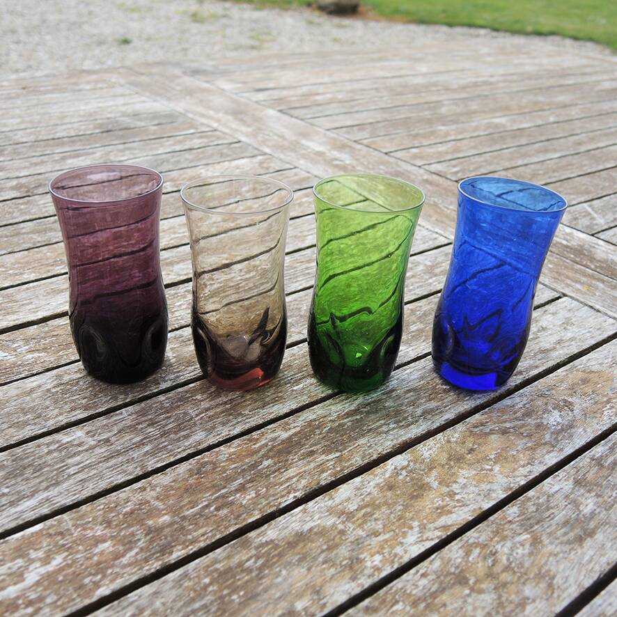 4 old colored glass liqueur glasses