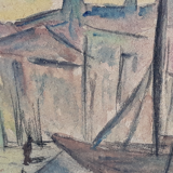 Cubist/Fauvist-style port scene table