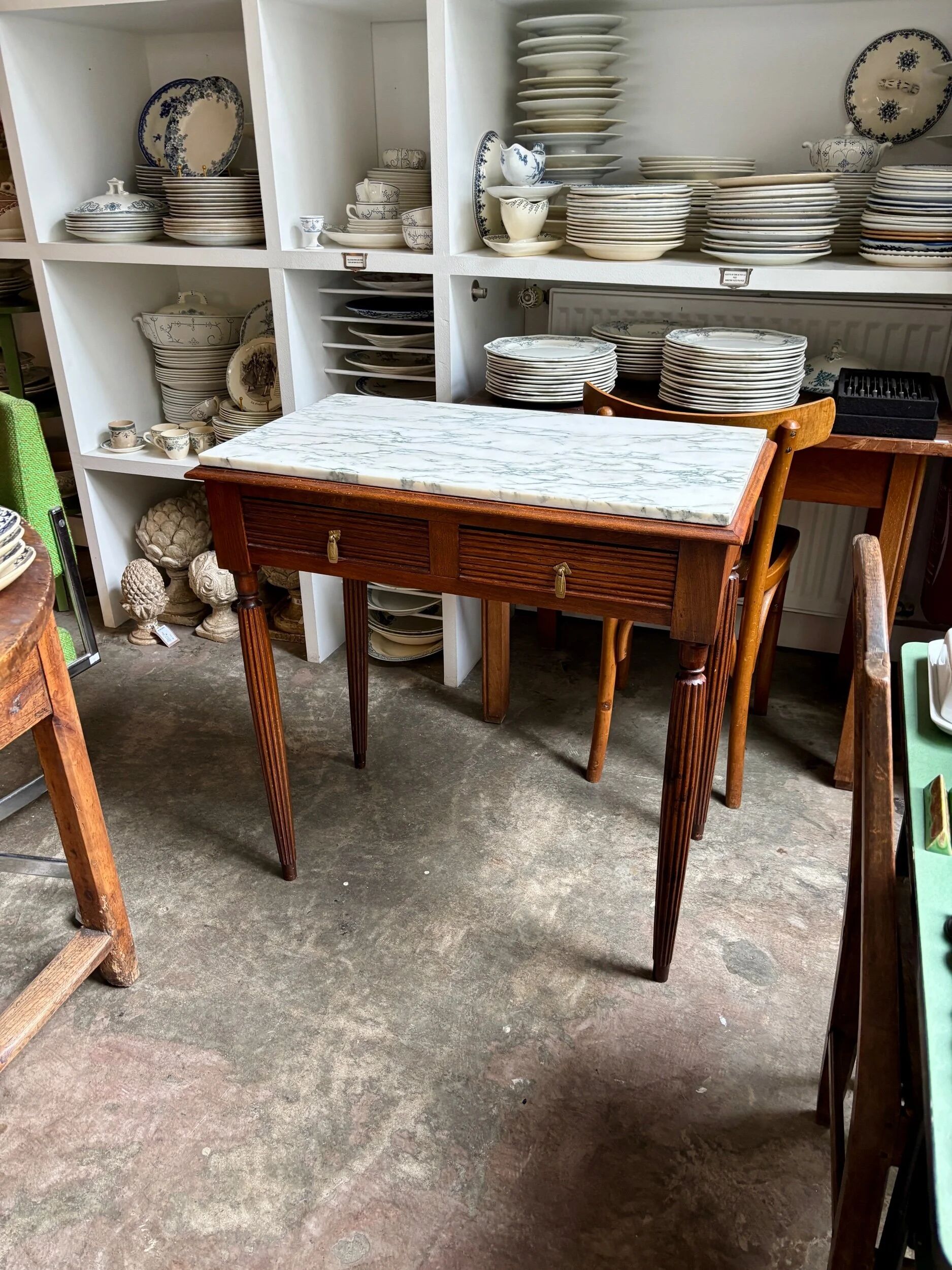 Desk, dark wood and marble side table