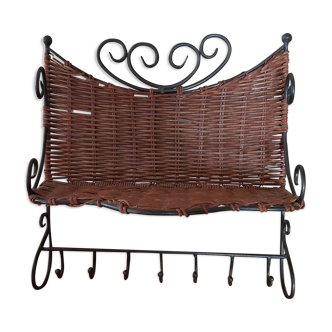 Wicker and metal shelf with hooks