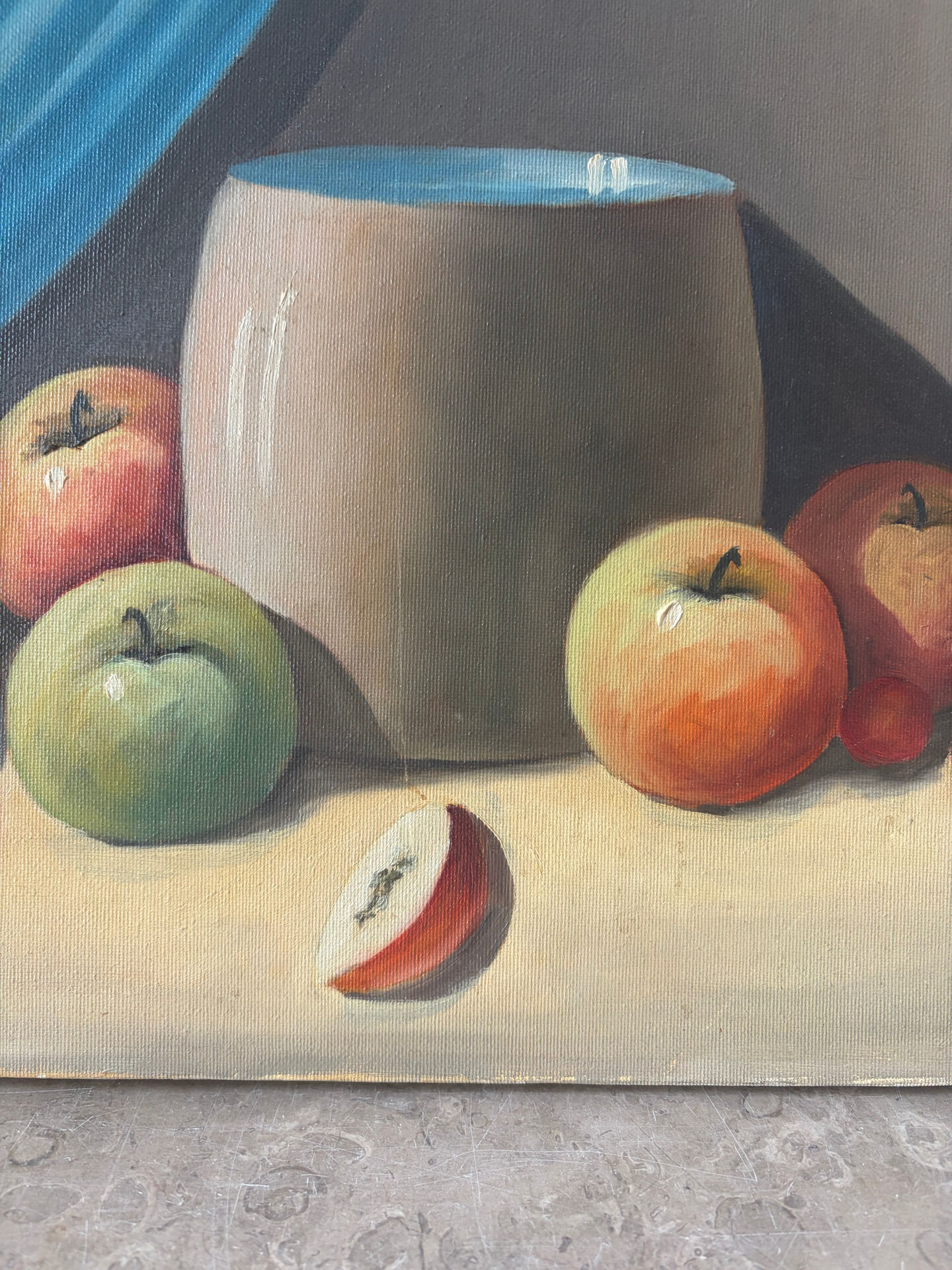 Still life with blue veil, oil on canvas signed