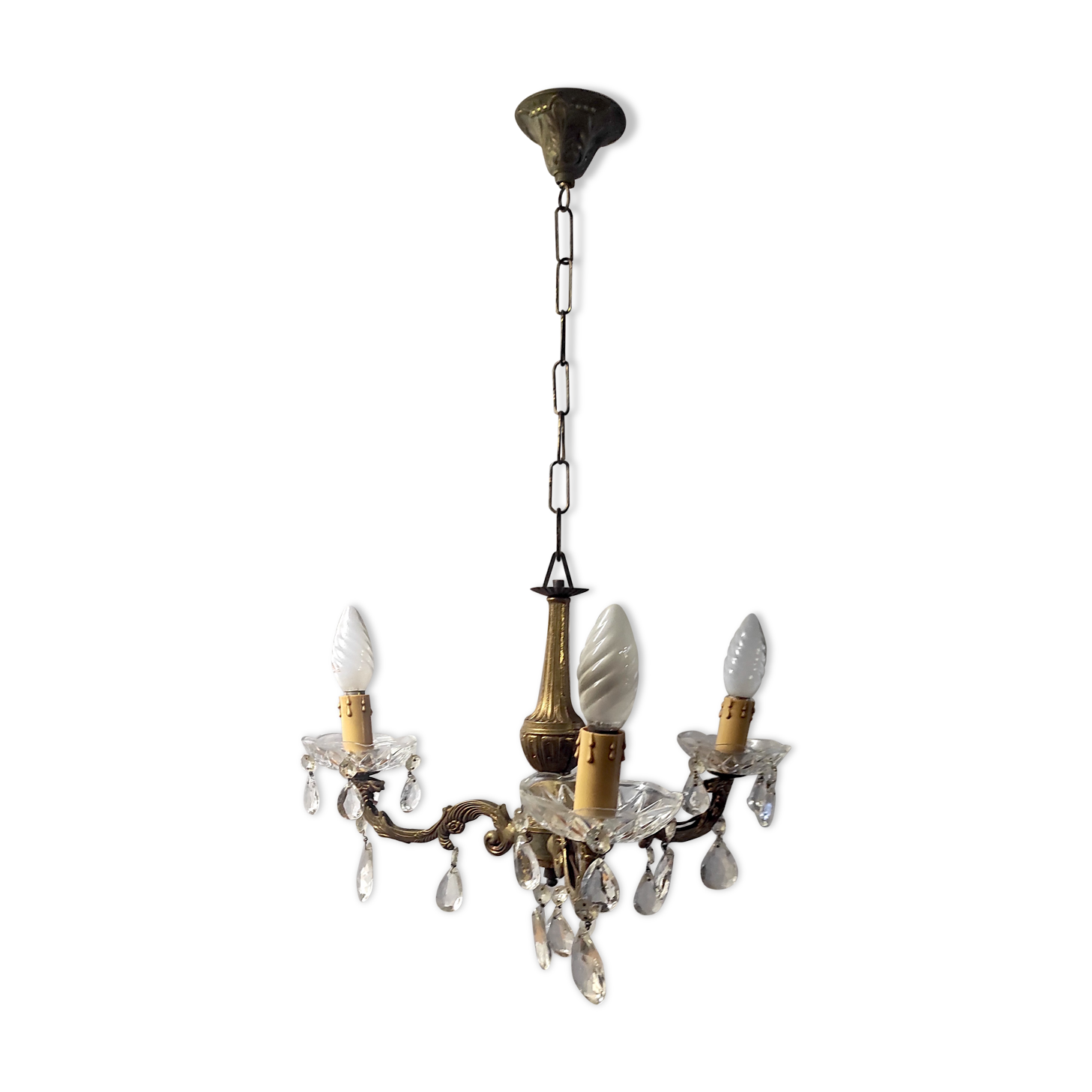3-burner chandelier in brass and glass – 70s/80s