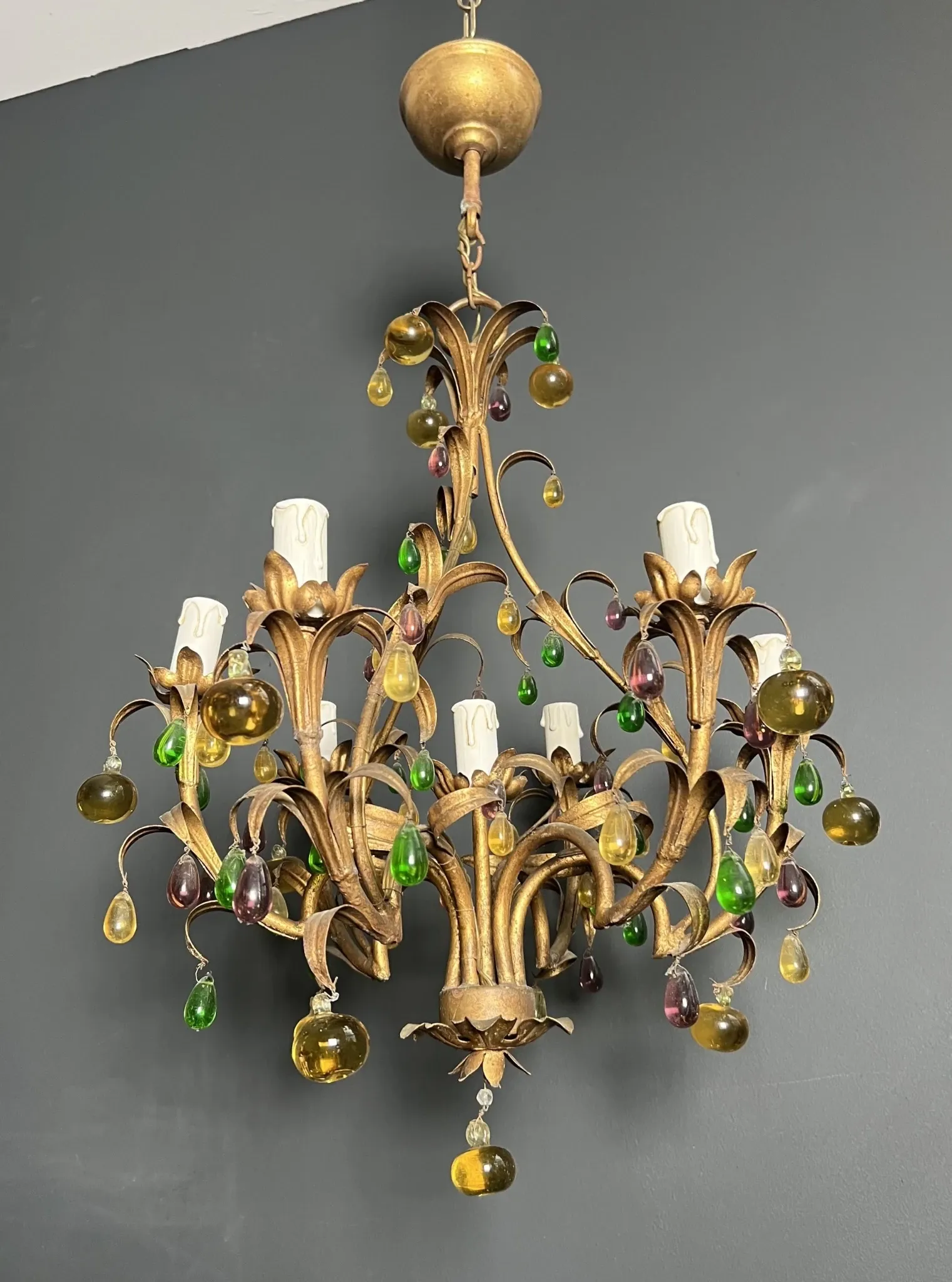 Golden Metal Cage with Leaf and Multi-Coloured Glass Fruit Decoration
