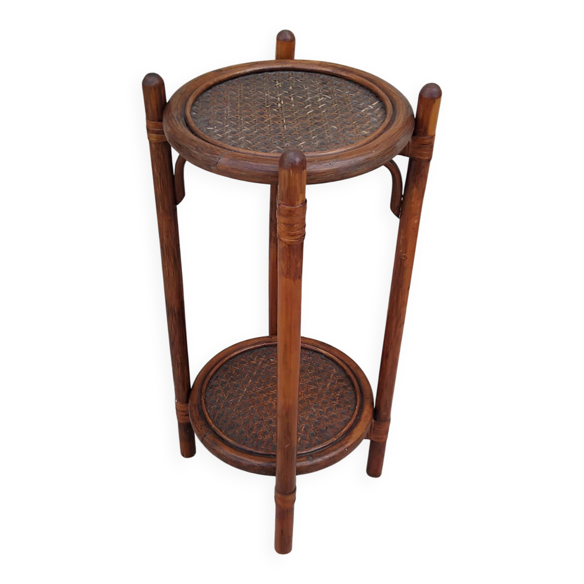 Vintage folding wooden and wicker side table.