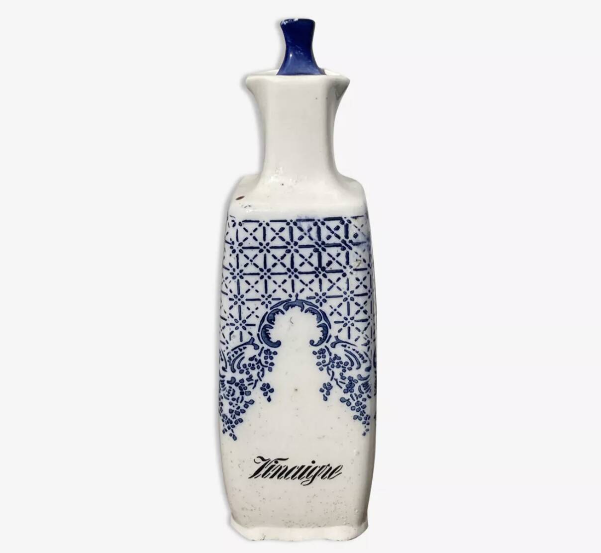 Vinaigrier XIXème bouteille à décor bleu et blanc