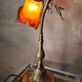 Bronze lamp on blond oak base, art nouveau with tulip, 45x30