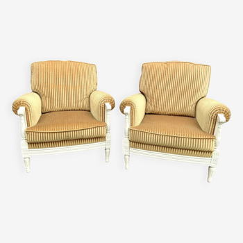 Pair of cozy Jean Prevost mustard velvet armchairs 1970