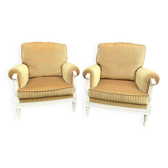 Pair of cozy Jean Prevost mustard velvet armchairs 1970