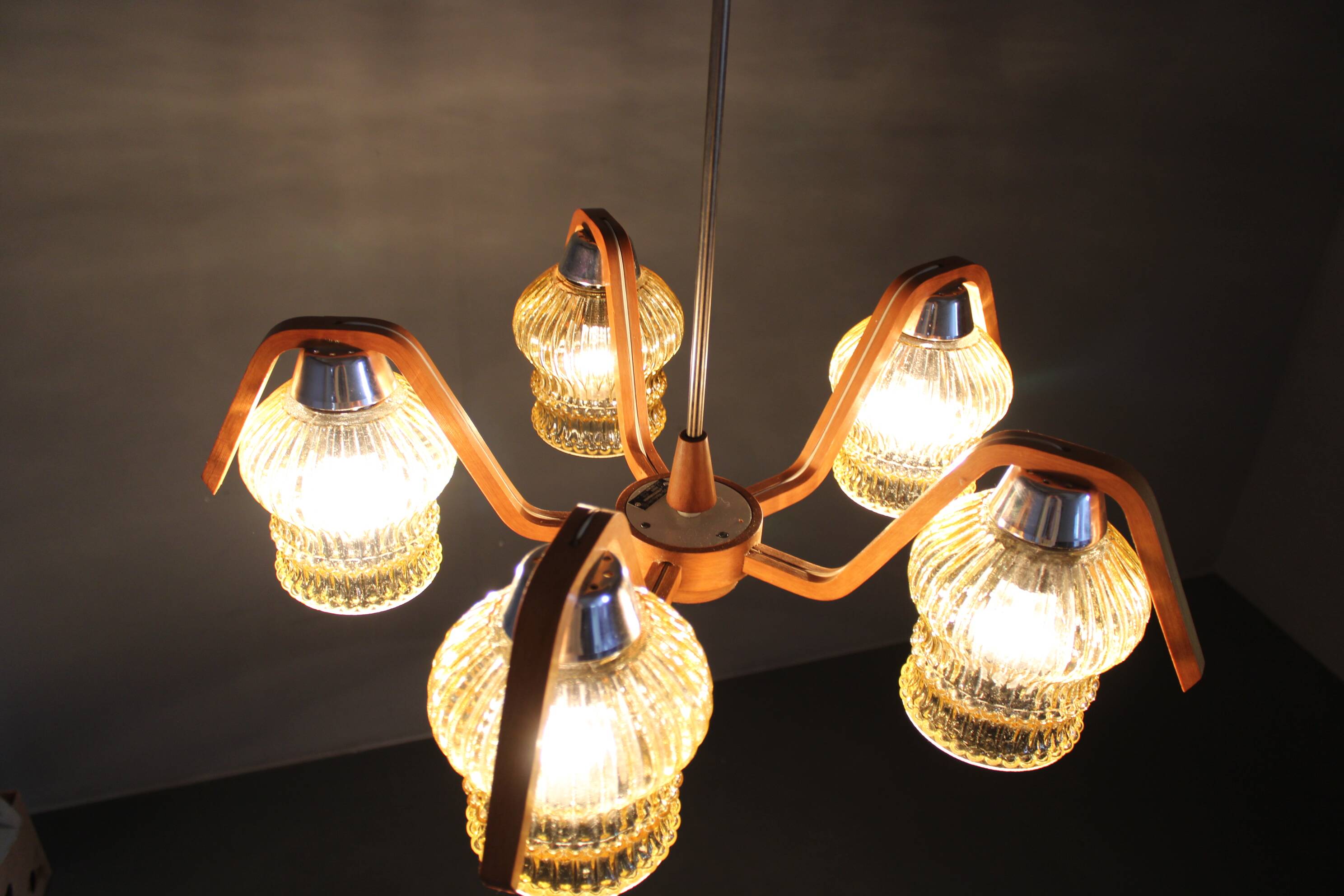 Mid Century Czech Wood Glass Chandelier, 1970s Restored