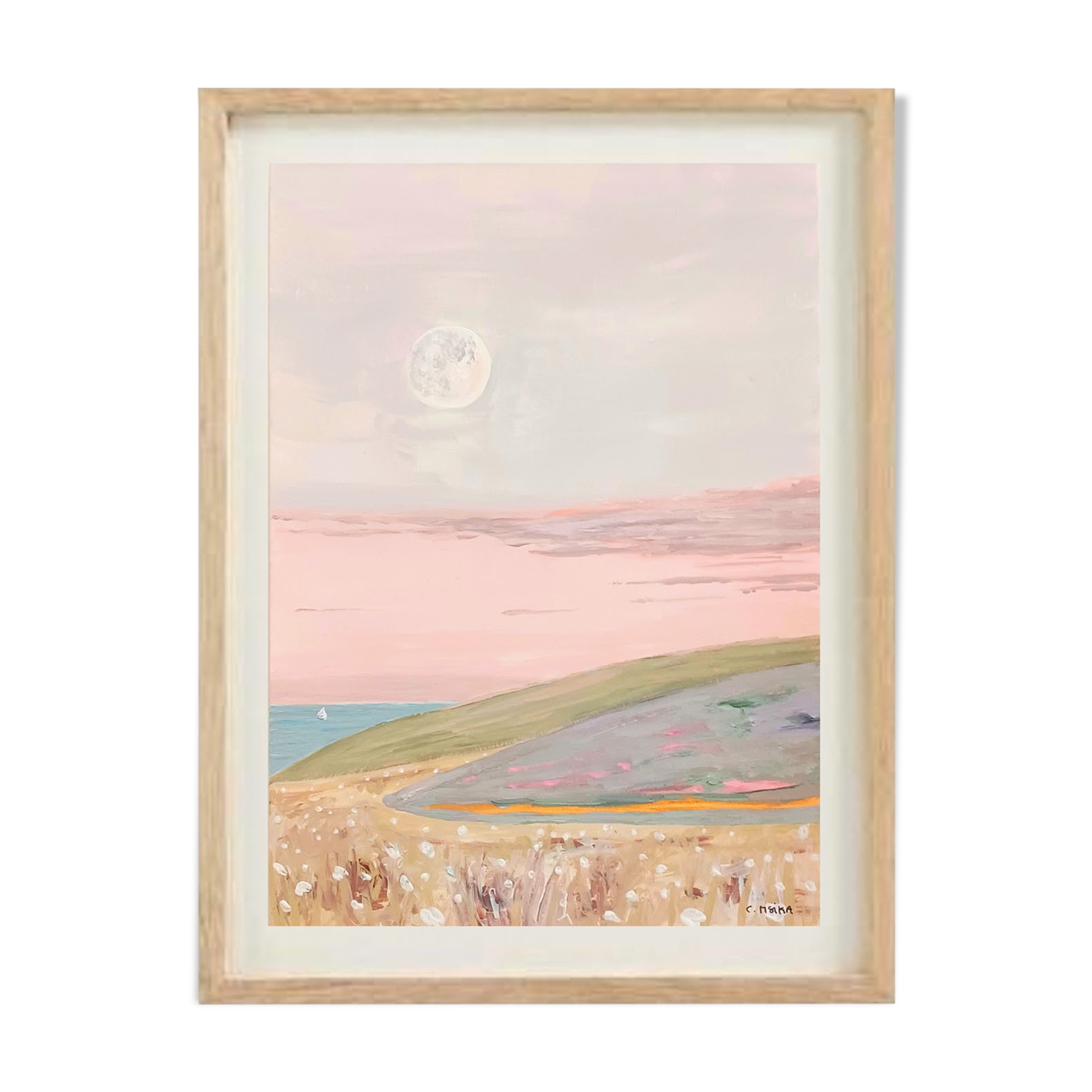 Painting in pastel colors representing a landscape by the sea at dusk.