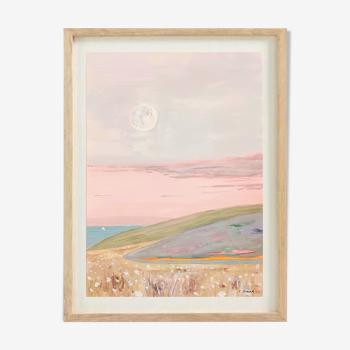 Painting in pastel colors representing a landscape by the sea at dusk.