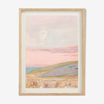 Peinture aux couleurs pastel représentant un paysage en bord de mer à la tombée du jour.