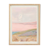 Painting in pastel colors representing a landscape by the sea at dusk.