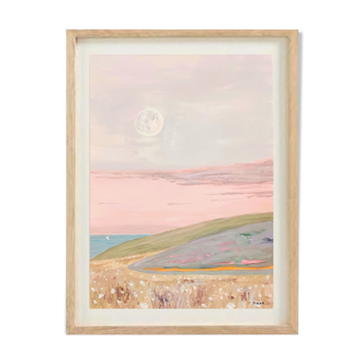 Painting in pastel colors representing a landscape by the sea at dusk.