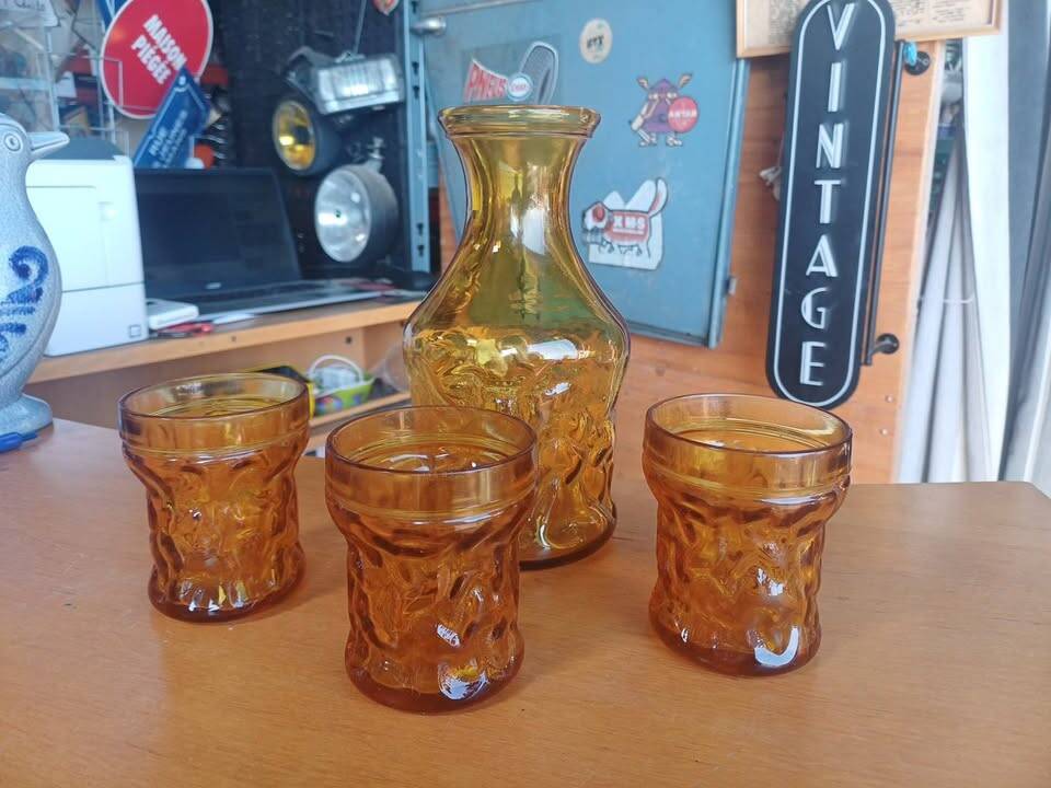 Vintage "BRF" Amber Carafe and 3 Glasses