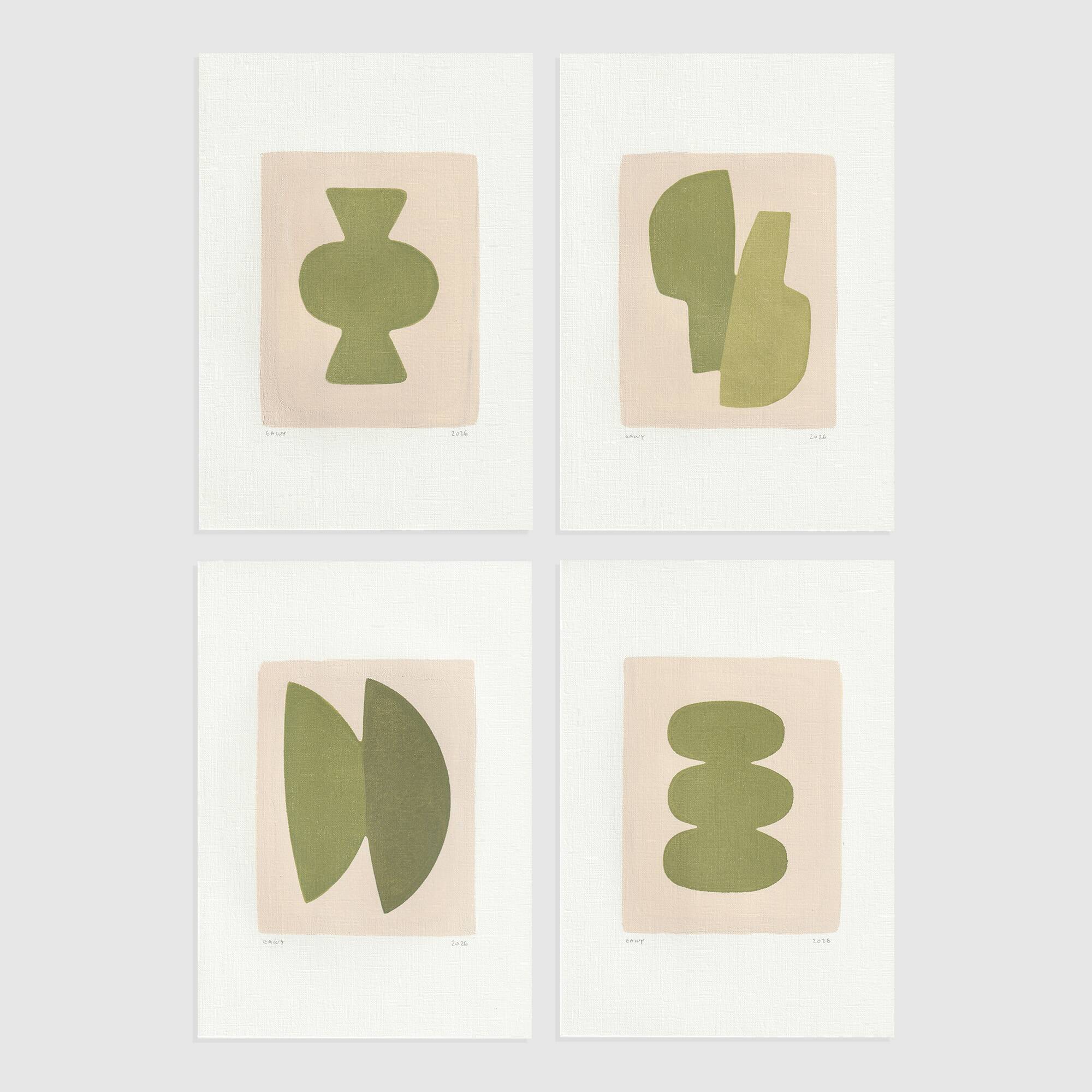 Collection of 4 abstract paintings in sage green signed Eawy.
