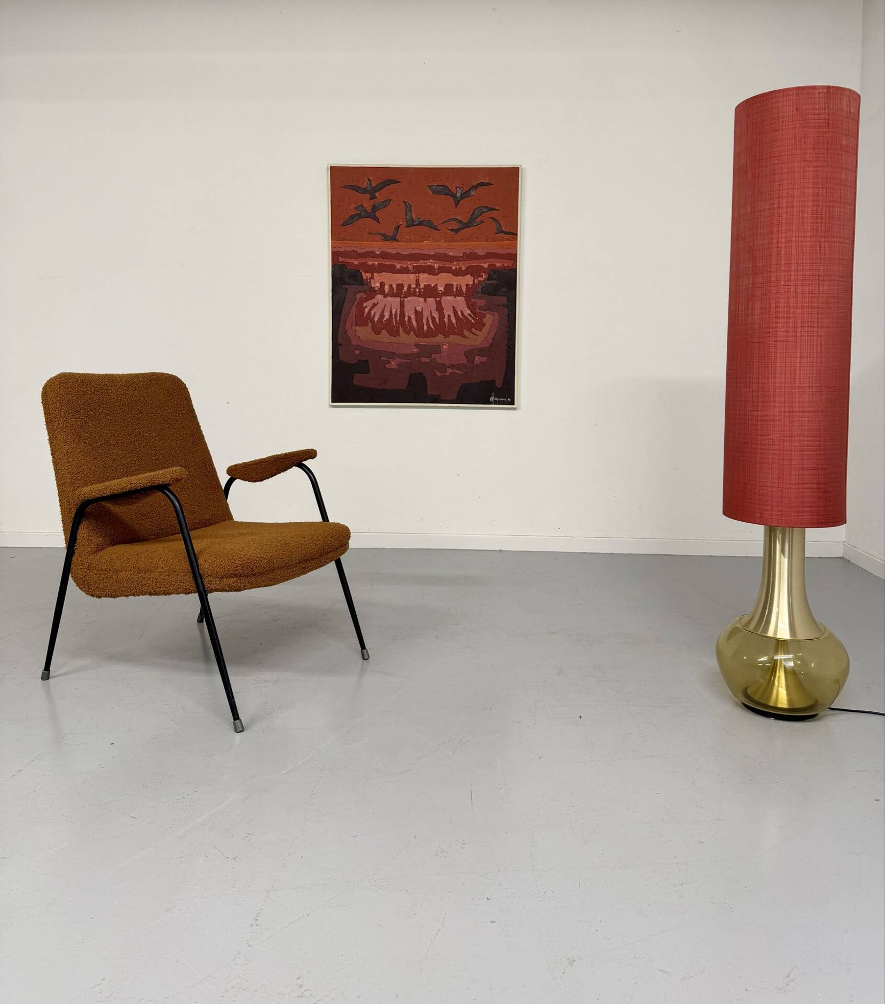 Vintage metal armchair with orange boucle fabric, French design from the 1950s.