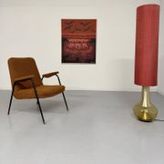 Vintage metal armchair with orange boucle fabric, French design from the 1950s.